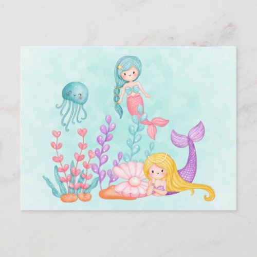 Cute Mermaid Under the Sea Watercolor Postcard