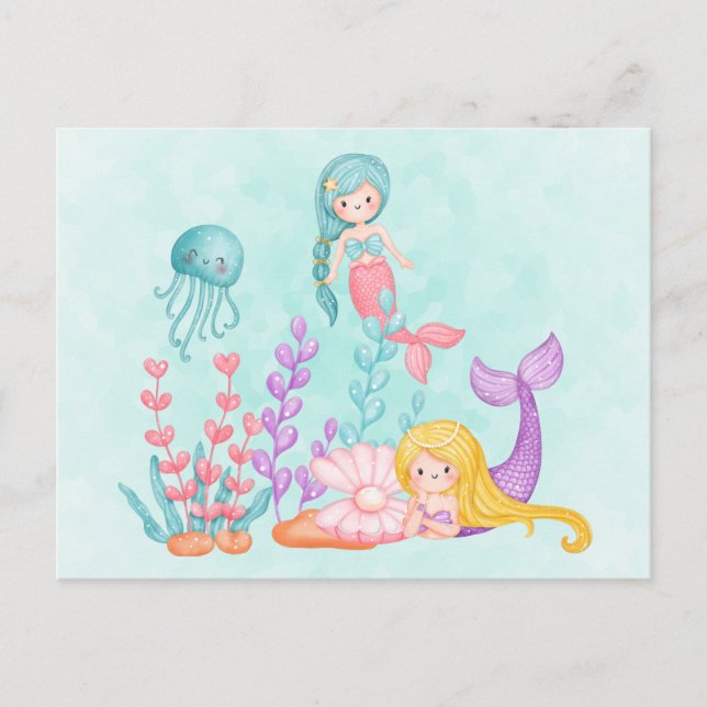 Cute Mermaid Under the Sea Watercolor Postcard (Front)