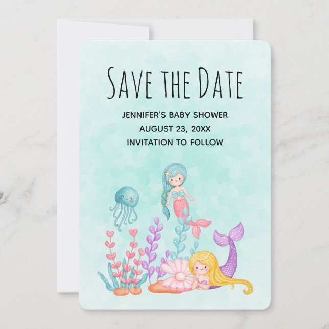 Cute Mermaid Under the Sea Watercolor Save The Date (Front)