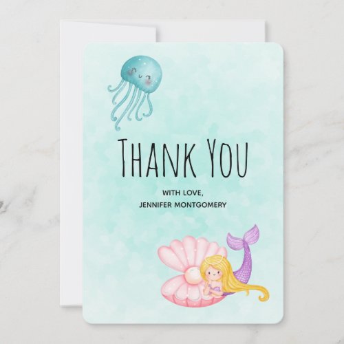 Cute Mermaid Under the Sea Watercolor Thank You Card