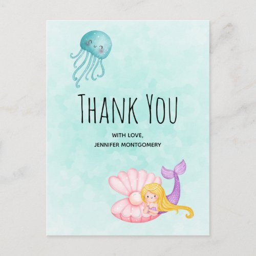 Cute Mermaid Under the Sea Watercolor Thank You Postcard