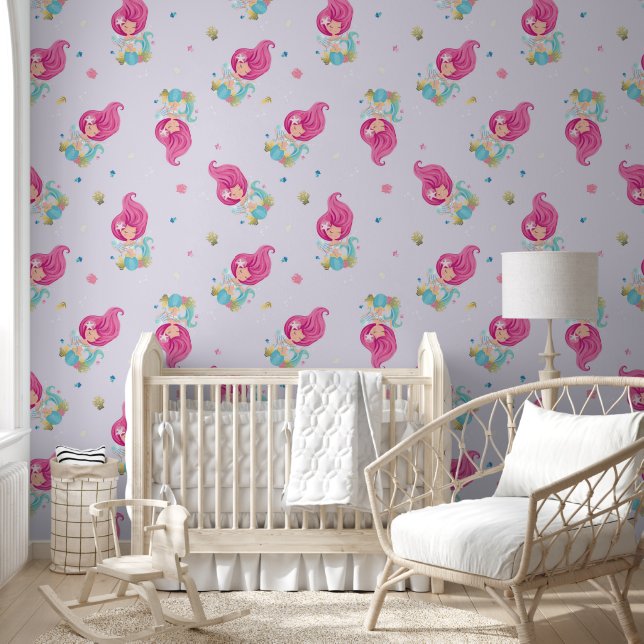 Cute Mermaid Under Water Lavender Mist Nursery Wallpaper (Kids)