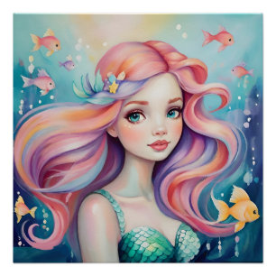 Cute mermaid underwater with fish poster