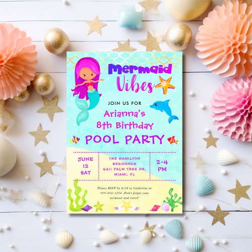 Cute Mermaid Vibes Birthday Pool Party Invitation