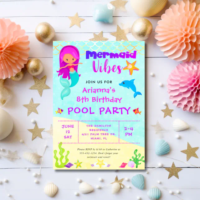 Cute Mermaid Vibes Birthday Pool Party Invitation | Zazzle