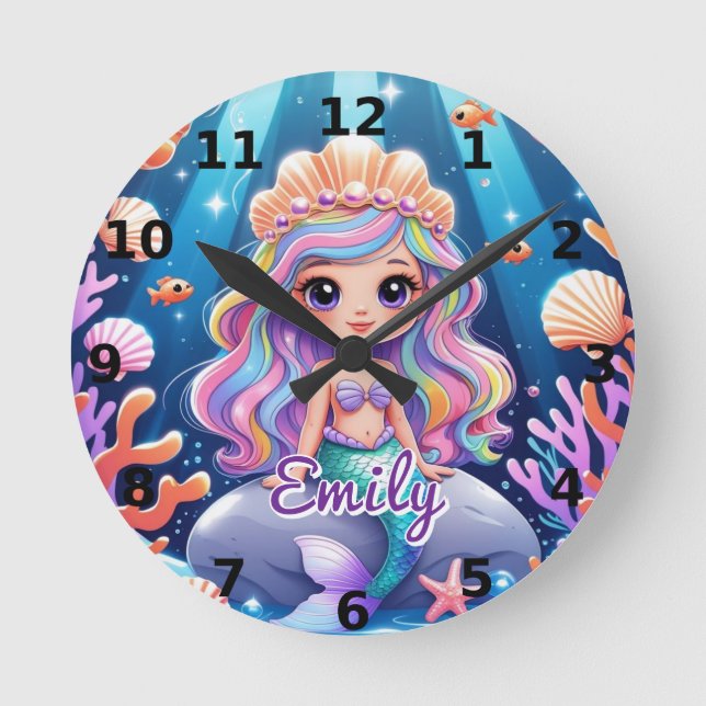 Cute Mermaid Wall Clock – Editable Name (Front)