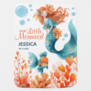 Cute Mermaid Watercolor Ocean Life Girl Name Baby Blanket