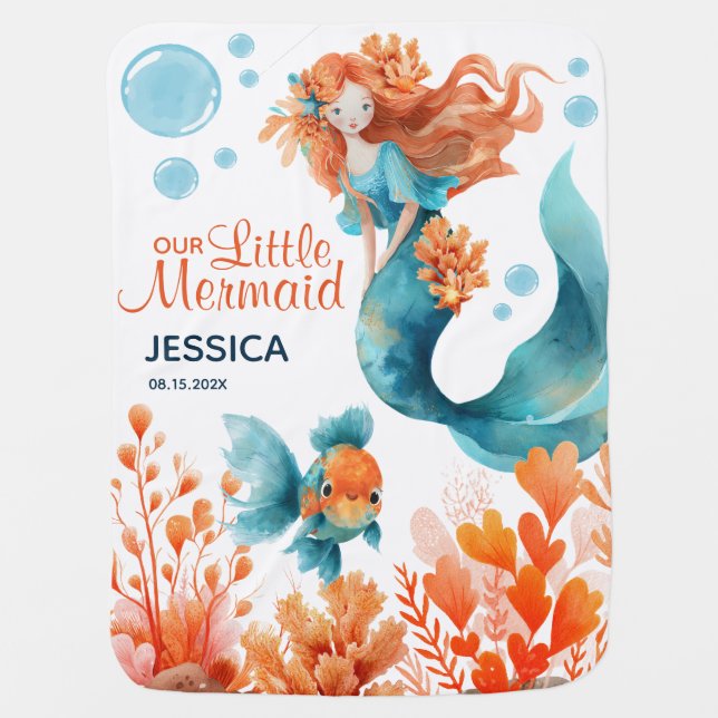 Cute Mermaid Watercolor Ocean Life Girl Name  Baby Blanket (Front)