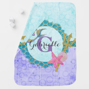 Cute Mermaid Watercolor Purple Monogram Baby Girl Swaddle Blanket