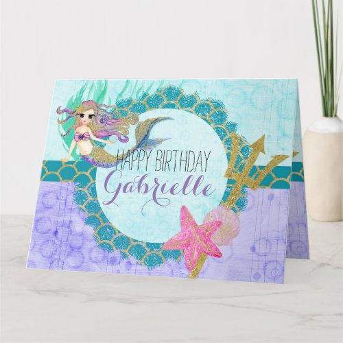 Cute Mermaid Watercolor Teal Purple Girl Birthday Card