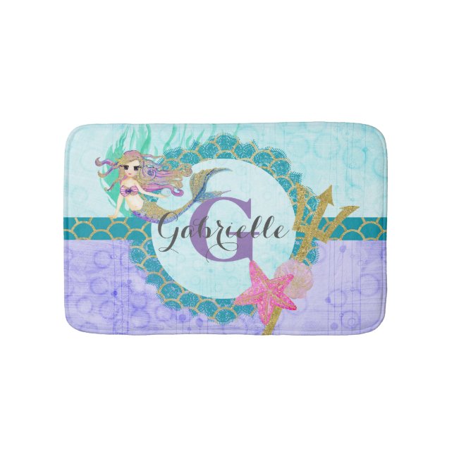 Cute Mermaid Watercolor Teal & Purple Monogram Bathroom Mat (Front)