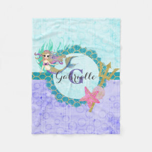 Cute Mermaid Watercolor Teal & Purple Monogram Fleece Blanket