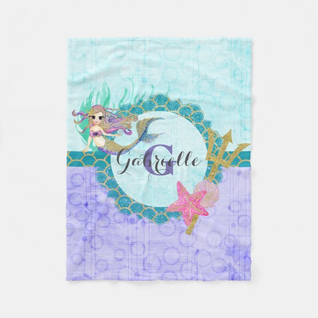 Cute Mermaid Watercolor Teal & Purple Monogram Fleece Blanket (Front)