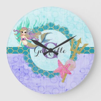 Cute Mermaid Watercolor Teal & Purple Monogram Large Clock by ClipartBrat at Zazzle