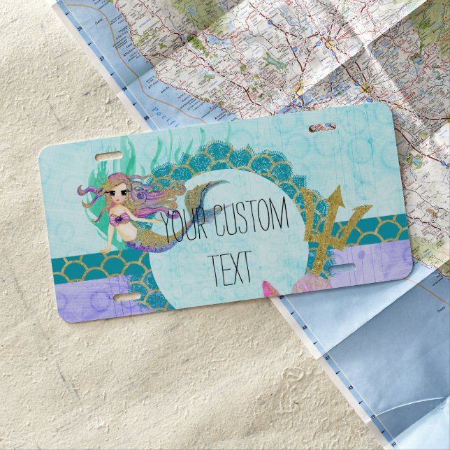 Cute Mermaid Watercolor Teal & Purple Monogram License Plate (In Situ)