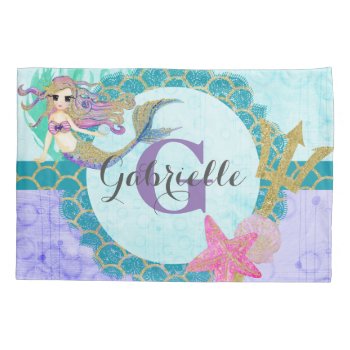 Cute Mermaid Watercolor Teal & Purple Monogram Pillowcase by ClipartBrat at Zazzle