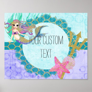Cute Mermaid Watercolor Teal & Purple Monogram Poster