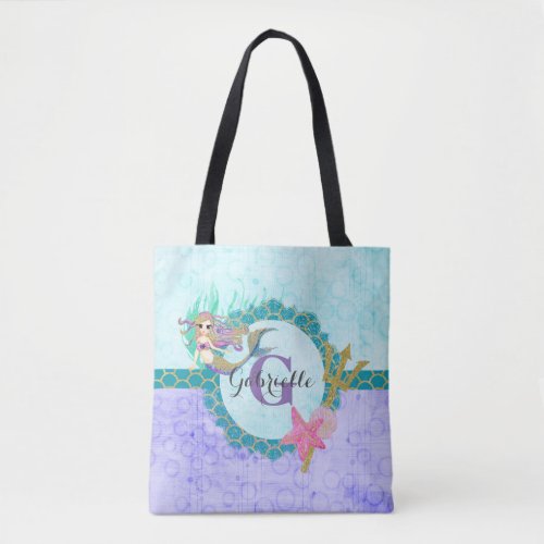 Cute Mermaid Watercolor Teal  Purple Monogram Tote Bag