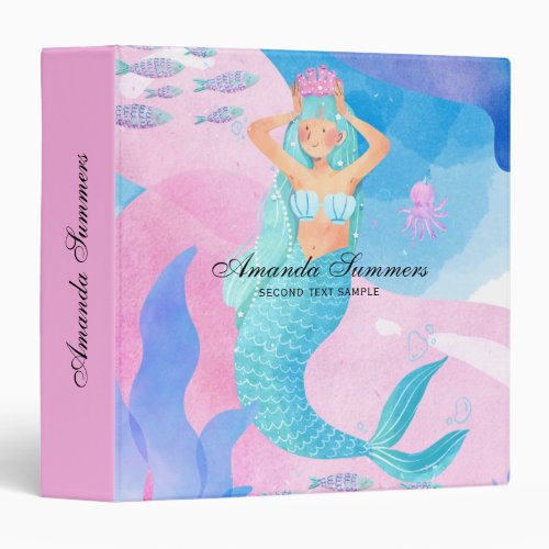 Cute mermaid watercolors illustration 3 ring binder