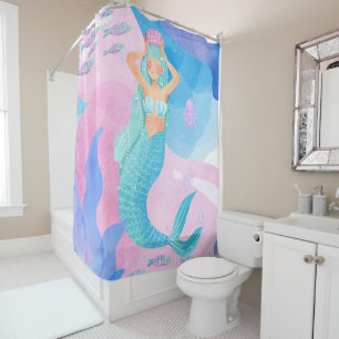 Cute mermaid watercolors illustration shower curtain