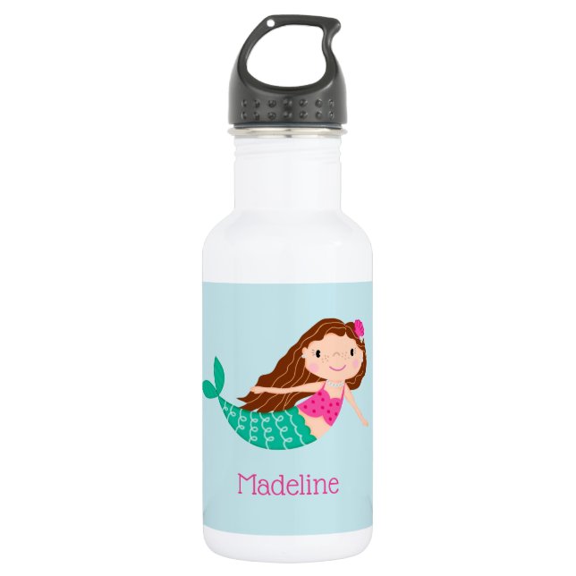 Cute Mermaid Whimsical Blue Personalized Stainless Steel Water Bottle (Front)