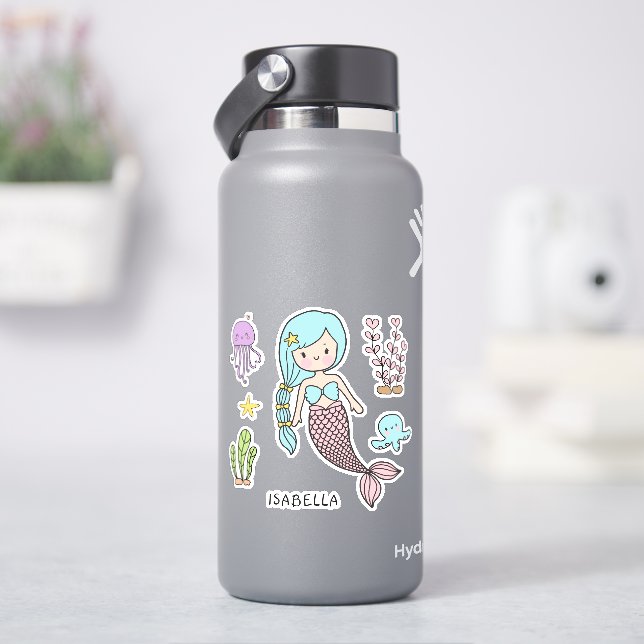 Cute Mermaid Whimsical Girly Personalized Name Sticker (HydroFlask)