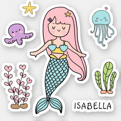 Cute Mermaid Whimsical Girly Personalized Name Sticker