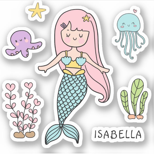 Cute Mermaid Whimsical Girly Personalized Name Sticker (Front)