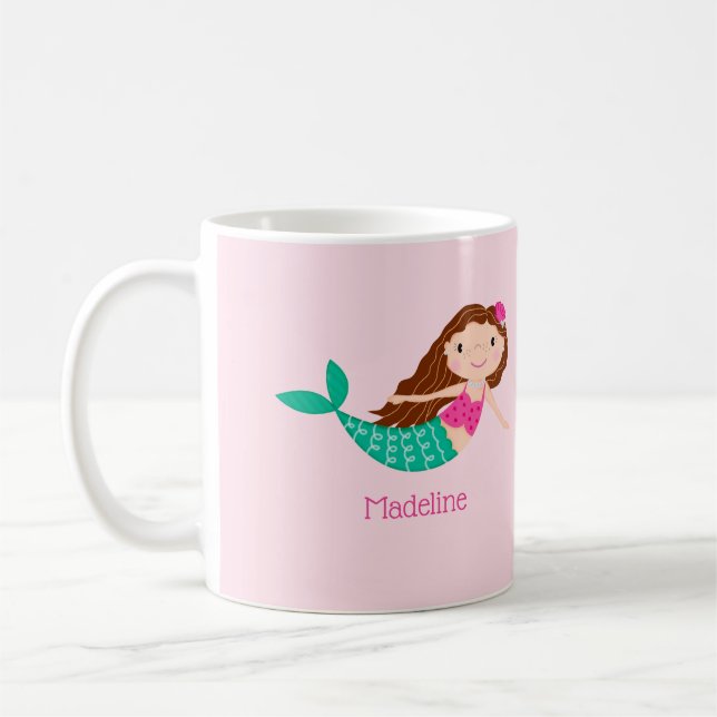 Cute Mermaid Whimsical Pink Personalized Coffee Mug (Left)