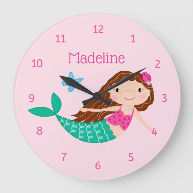 Cute Mermaid Whimsical Pink Personalized Large Clock (Front)