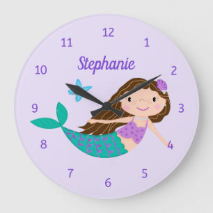 Cute Mermaid Whimsical Purple Personalized Large Clock
