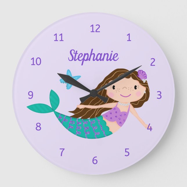 Cute Mermaid Whimsical Purple Personalized Large Clock (Front)