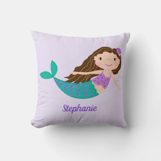 Cute Mermaid Whimsical Purple Personalized Throw Pillow (Front)