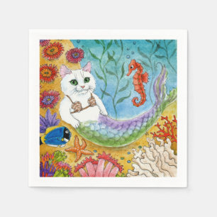 Cute mermaid white cat mercat party napkins