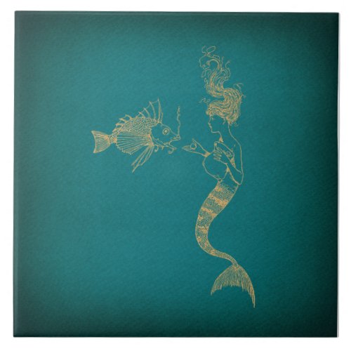 Cute Mermaid with Fish Illustrated Art Ceramic Tile