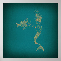 Cute Mermaid with Fish Illustrated Art Poster
