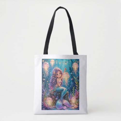 Cute mermaid with jellyfish lantern tote bag