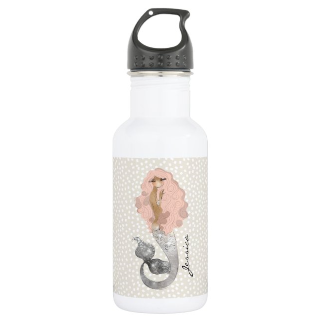 Cute Mermaid with Pink Hair and Your Name Water Bottle (Front)