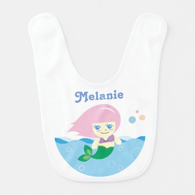 Cute Mermaid with Pink Hair Personalised  Baby Bib (Front)