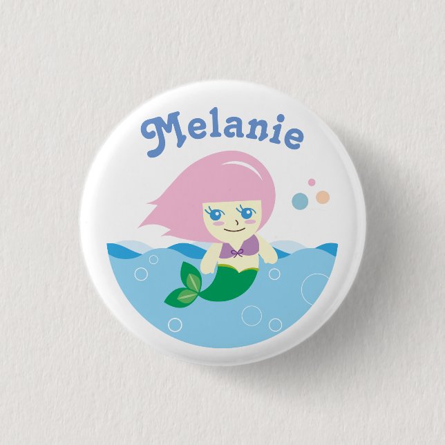 Cute Mermaid with Pink Hair Personalised Button (Front)