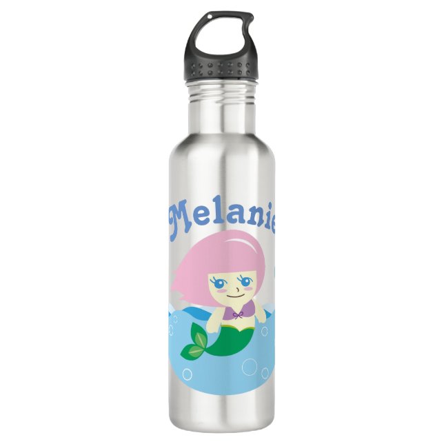 Cute Mermaid with Pink Hair Personalised Stainless Steel Water Bottle (Front)