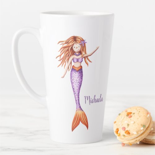 Cute Mermaid with Red Hair Purple Orange Tail Latte Mug