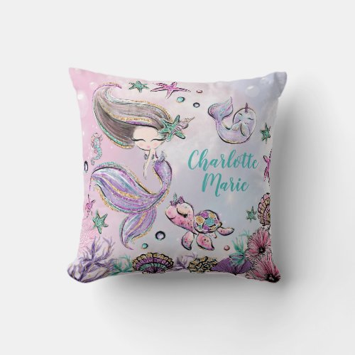 Cute Mermaid with Turtle and Narwhal Girl Nursery Throw Pillow