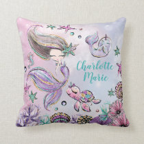 Cute Mermaid with Turtle and Narwhal Girl Nursery Throw Pillow