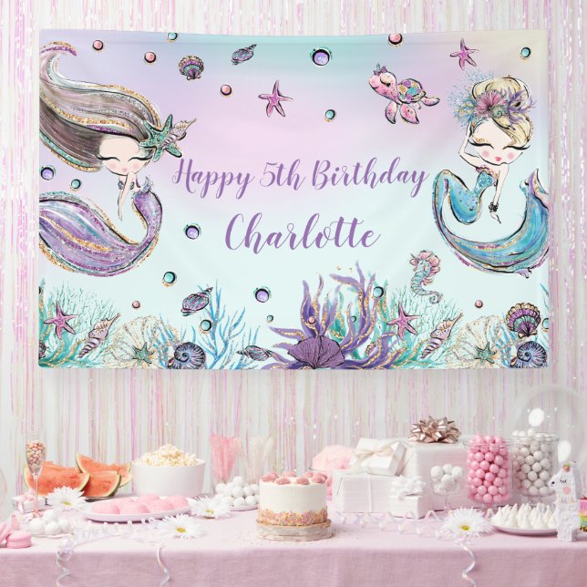 Cute Mermaids Birthday Pool Party Backdrop Welcome Banner (Party)