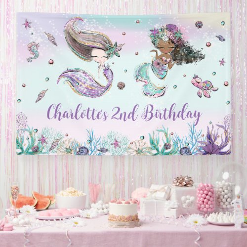 Cute Mermaids Birthday Pool Party Backdrop Welcome Banner
