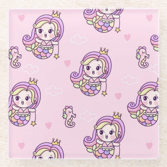 Cute Mermaids Glass Coaster (Front)