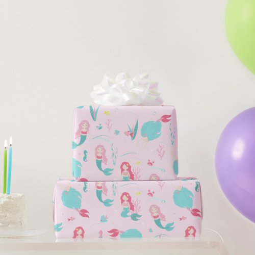 Cute Mermaids Pink and Turquoise Pattern Wrapping Paper
