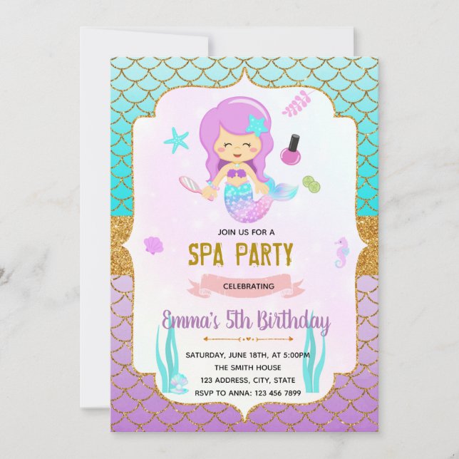 Cute mermaids spa theme invitation (Front)
