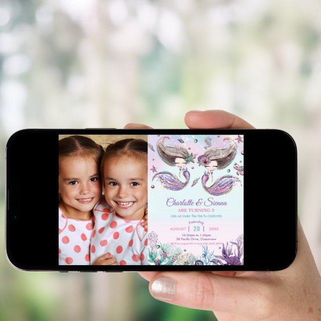 Cute Mermaids Twins Sisters Birthday Party Photo Invitation (Front Digital)